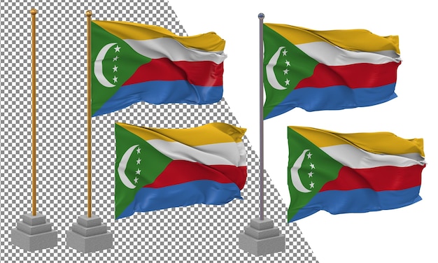 Bandera de las Comoras ondeando un estilo diferente con un poste de soporte aislado Renderización en 3D
