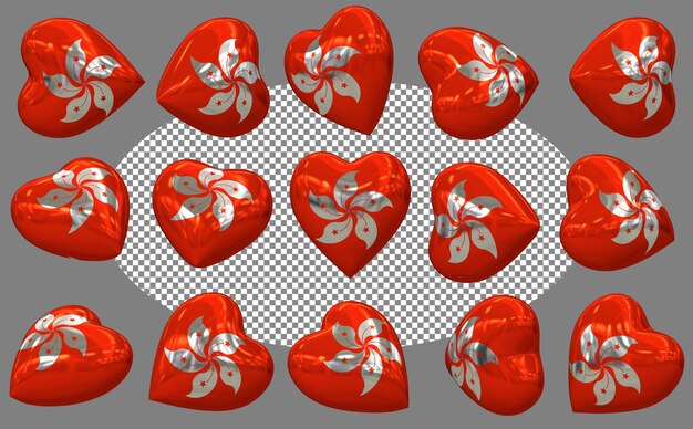 La bandera del corazón 3D de Hong Kong aislada en diferentes posiciones Renderización 3D