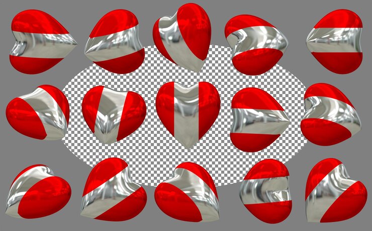 PSD la bandera del corazón del perú en 3d aislada en diferentes posiciones rendering en 3d