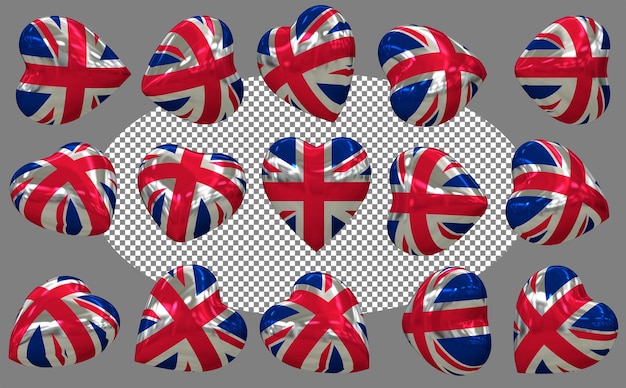 Bandera del corazón del Reino Unido en 3D con diferentes posiciones aisladas Renderización en 3D