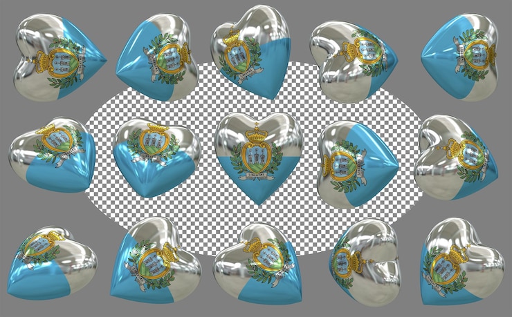 PSD la bandera del corazón de san marino en 3d aislada en diferentes posiciones renderización en 3d