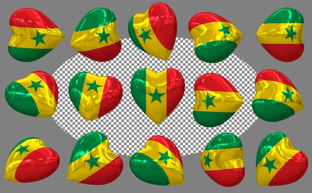 Bandera del corazón de Senegal en 3D con diferentes posiciones aisladas Renderización en 3D