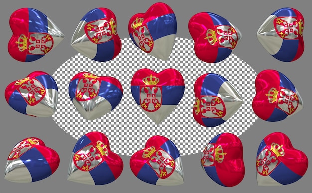 La bandera del corazón de Serbia 3D aislada en diferentes posiciones Rendering 3D