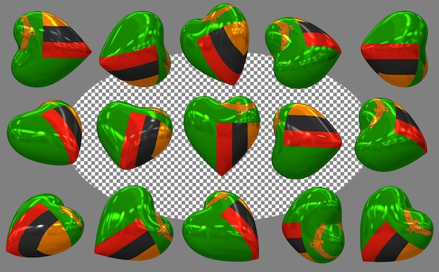 Bandera del corazón de Zambia en 3D aislada en diferentes posiciones Renderización en 3D