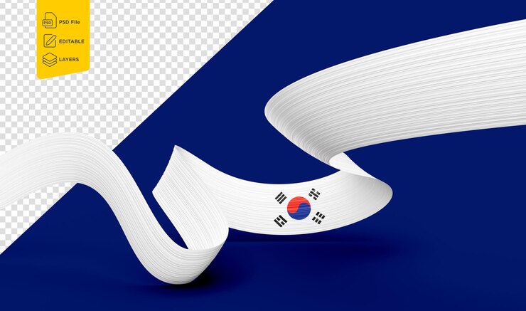 PSD bandera de corea del sur agitando la bandera de la cinta aislada en el fondo azul ilustración en 3d