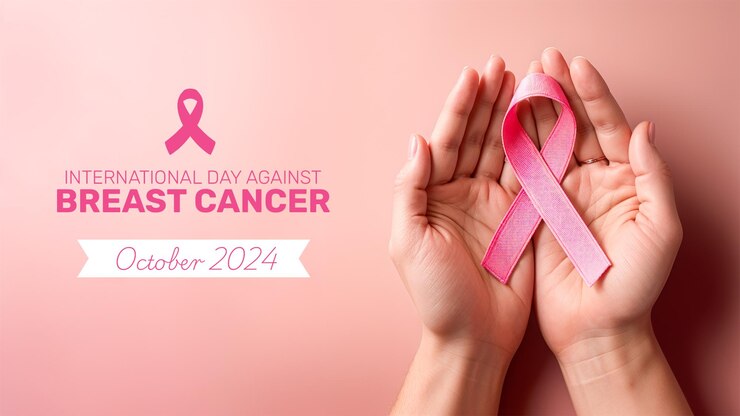 Bandera del Día Internacional contra el Cáncer de Mama con las manos sosteniendo una cinta rosada