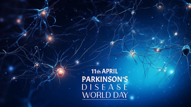 Bandera del día mundial del parkinson con el cerebro y las neuronas