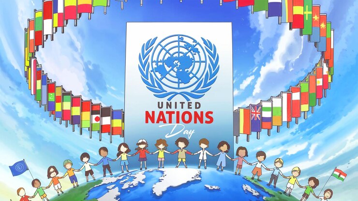 Bandera para el Día de las Naciones Unidas con banderas e iconos culturales
