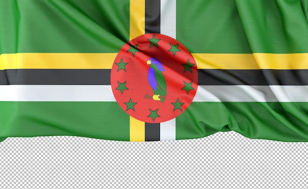 Bandera de dominica aislada sobre fondo blanco con espacio de copia debajo de la representación 3d