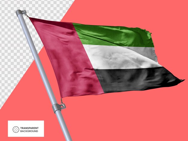 PSD bandera de los emiratos árabes unidos en un mástil de metal fondo transparente renderizado en 3d de alta calidad