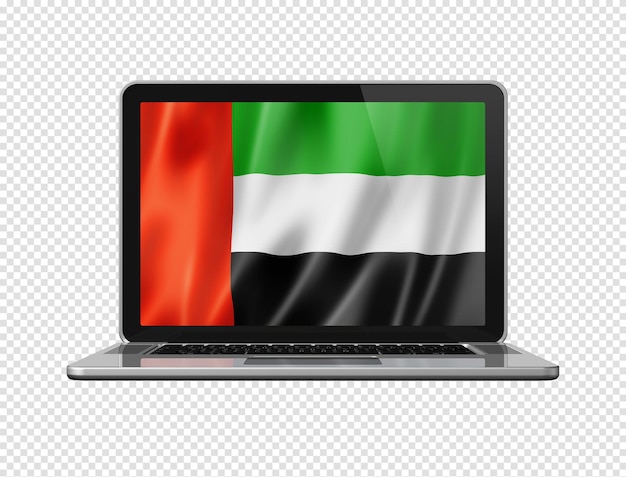 Bandera de los Emiratos Árabes Unidos en la pantalla de un portátil aislada en una ilustración blanca en 3D