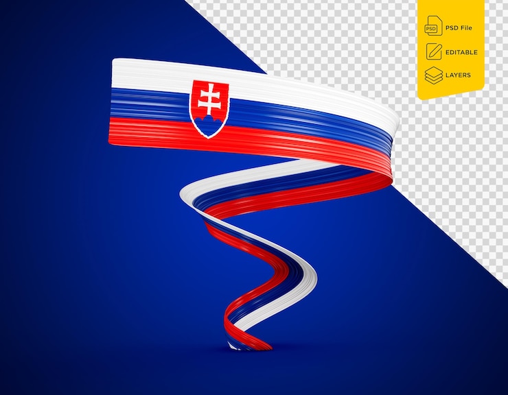 PSD bandera de eslovaquia con una cinta de bandera brillante aislada sobre un fondo azul ilustración en 3d