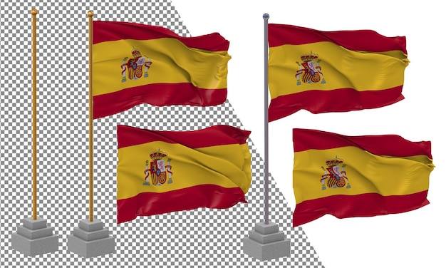 PSD bandera de españa ondeando un estilo diferente con un poste de soporte aislado renderización en 3d