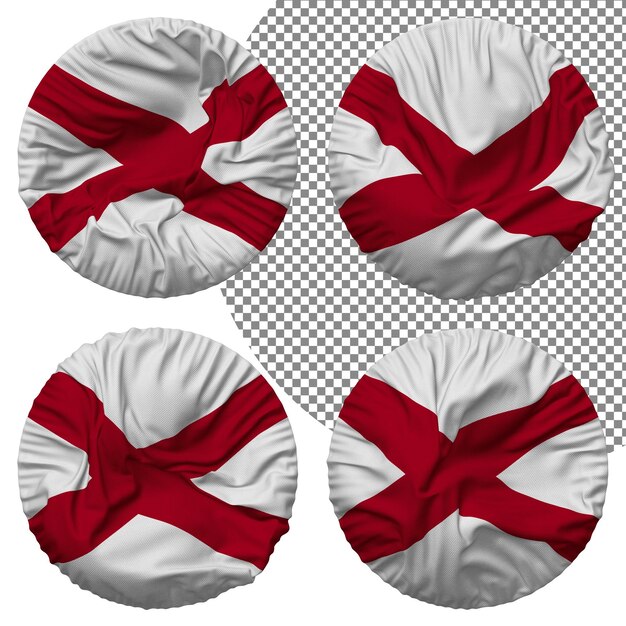 Bandera del Estado de Alabama Forma redonda Aislada Diferentes estilos de ondulación Textura de relieve Representación 3D
