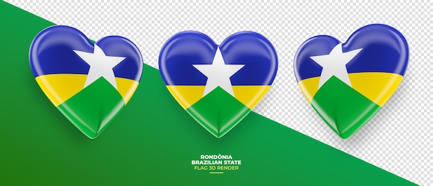 Bandera del estado brasileño Rondonia en corazón 3D Render con fondo transparente