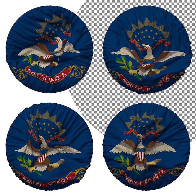 Bandera del estado de Dakota del Norte Forma redonda aislada Estilo de onda diferente Textura de relieve Representación 3D
