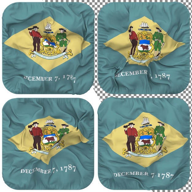 Bandera del Estado de Delaware Forma de escudero Aislada Diferentes estilos de ondulación Textura de relieve Representación 3D
