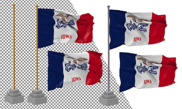 PSD bandera del estado de iowa ondeando un estilo diferente con un poste de soporte aislado renderizado en 3d