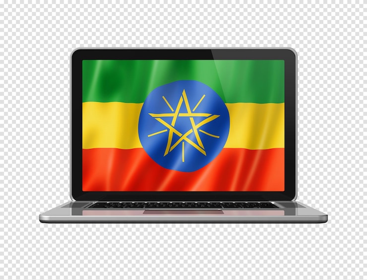 PSD bandera etíope en la pantalla del portátil aislado en blanco ilustración 3d