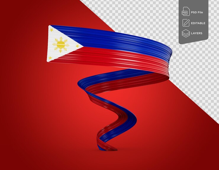 PSD bandera de filipinas brillante agitando cinta de bandera retorcida aislada en fondo rojo ilustración en 3d