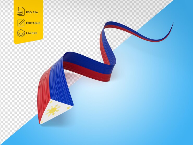 PSD bandera de filipinas ondulada y brillante cinta de filipinas aislada en un fondo azul suave ilustración en 3d