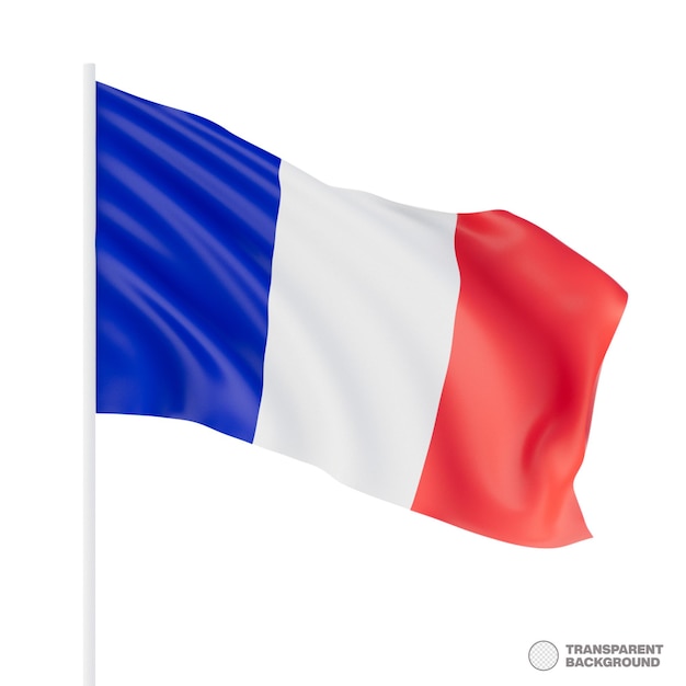 Bandera de Francia en el asta Asta blanca Bandera nacional de Francia aislada sobre fondo blanco Ilustración 3D