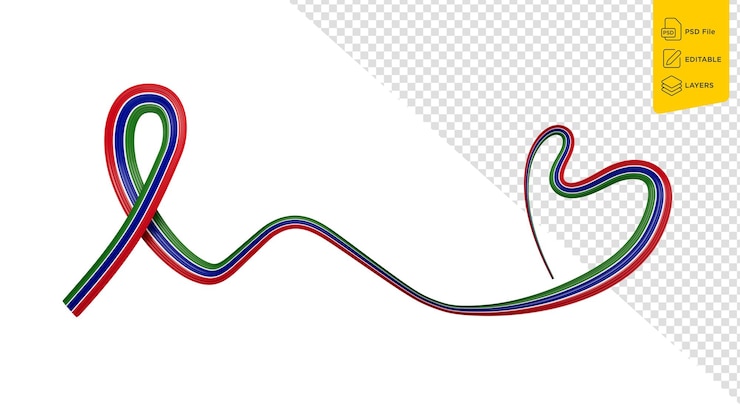 PSD bandera de gambia en forma de corazón con cinta de concienciación aislada sobre un fondo blanco ilustración en 3d