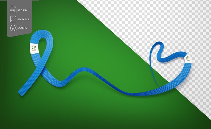 PSD bandera de guatemala en forma de corazón con una cinta ondulada brillante de conciencia bandera en fondo verde ilustración en 3d