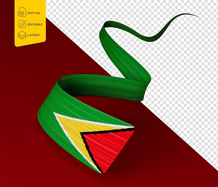 PSD bandera de guyana ilustración en 3d agitando una espiral bandera de cinta retorcida sobre un fondo rojo