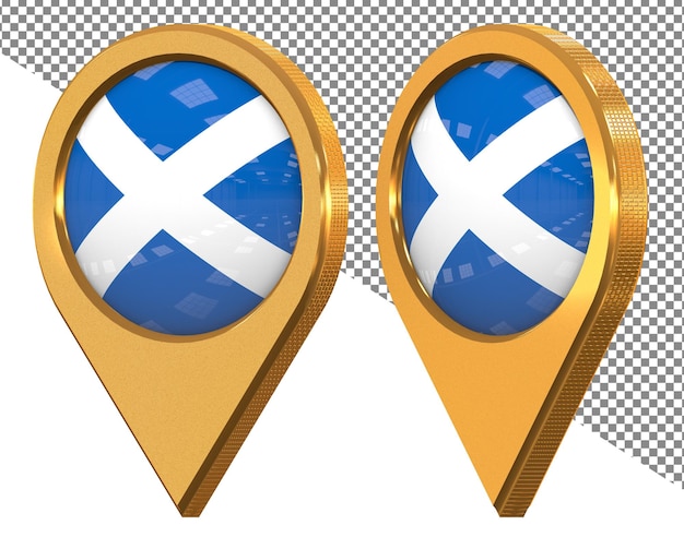 Bandera del icono de ubicación de Escocia aislada con representación 3D en diferentes ángulos