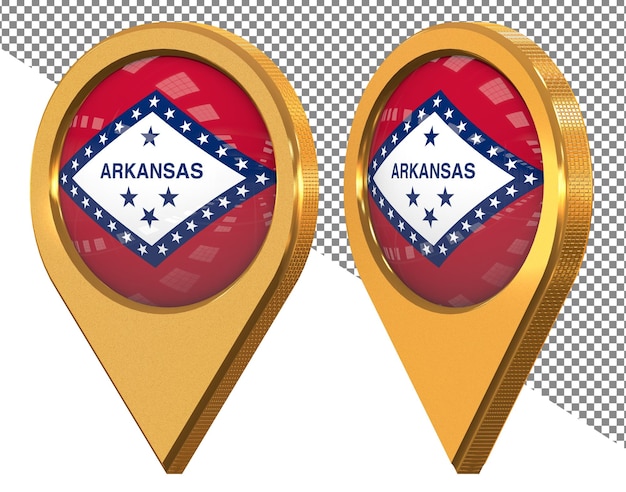 PSD bandera del icono de ubicación del estado de arkansas aislada con representación 3d en diferentes ángulos