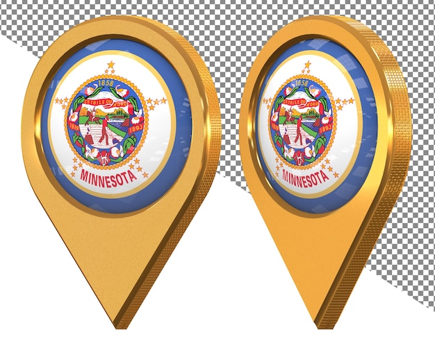 Bandera del icono de ubicación del estado de Minnesota aislada con representación 3D en diferentes ángulos