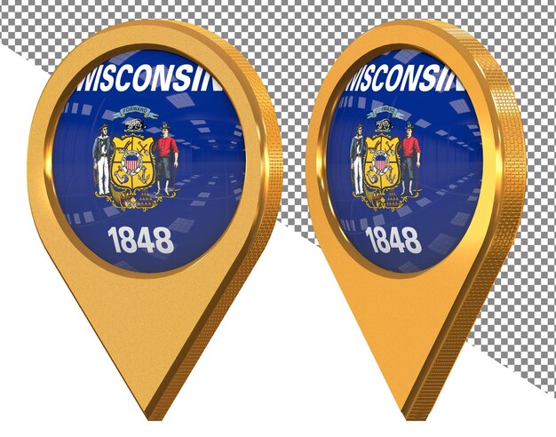 Bandera del icono de ubicación del estado de Wisconsin aislada con representación 3D en diferentes ángulos
