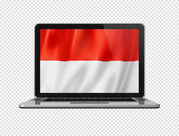 Bandera de Indonesia en la pantalla del portátil aislado en blanco ilustración 3D