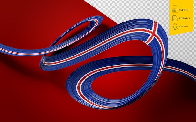 Bandera de Islandia agitando una bandera de cinta aislada sobre un fondo rojo Ilustración en 3D