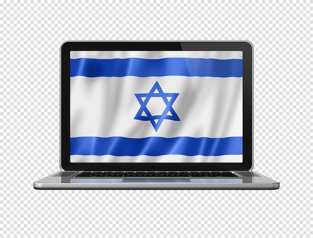 Bandera israelí en la pantalla del portátil aislado en blanco ilustración 3d