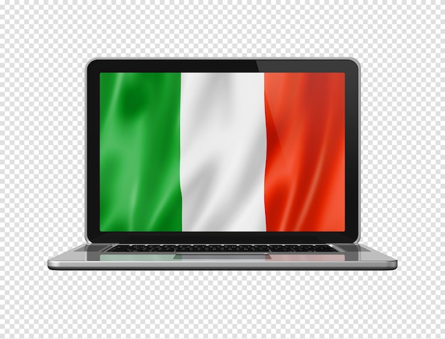 Bandera italiana en la pantalla del portátil aislado en blanco ilustración 3D