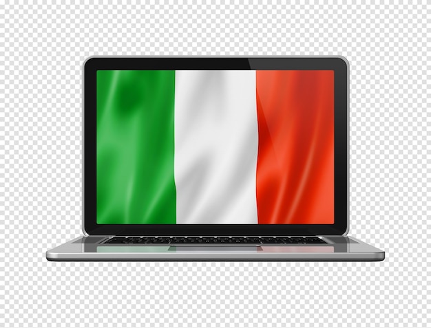 Bandera italiana en la pantalla del portátil aislado en blanco ilustración 3d