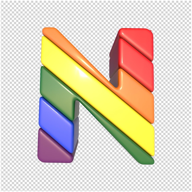 Bandera de letras LGBT diagonalmente vista inferior. 3d letra mayúscula n