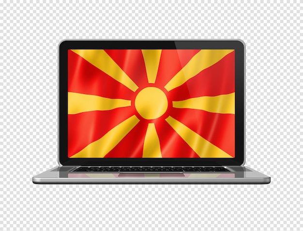 Bandera macedonia en la pantalla del portátil aislado en blanco ilustración 3D