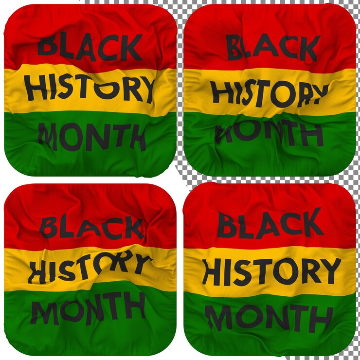 PSD bandera del mes de la historia negra forma de escudero aislada diferentes estilos de ondulación textura de protuberancia representación 3d