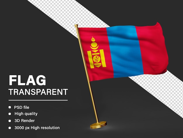 Bandera de Mongolia en 3D aislada sobre un fondo transparente