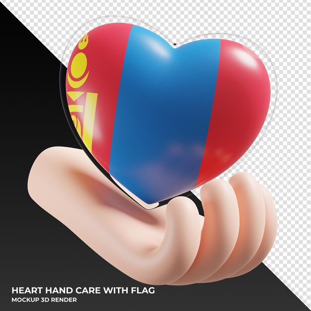 Bandera de mongolia con cuidado de la mano del corazón textura 3d realista