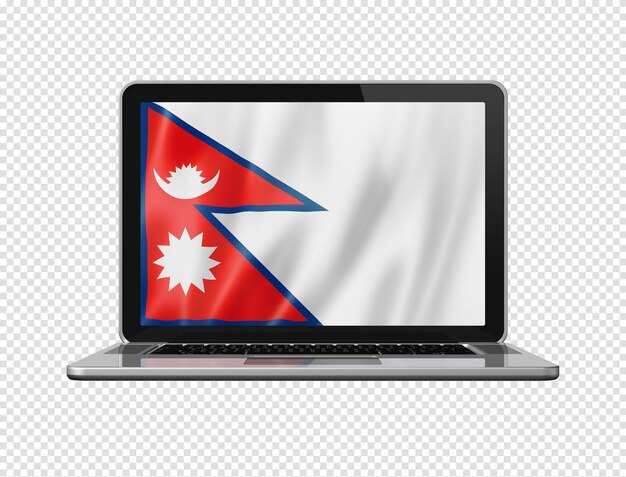 Bandera nepalí en la pantalla del portátil aislado en blanco ilustración 3D