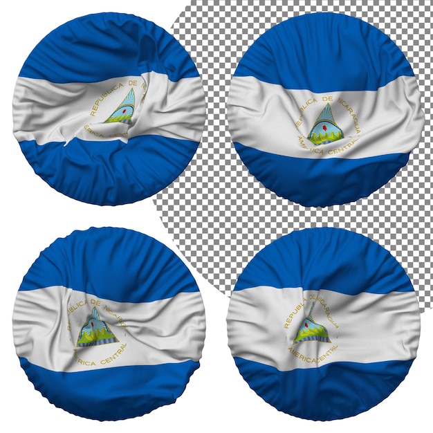 Bandera de nicaragua forma redonda aislada diferentes estilos de ondulación textura de protuberancia representación 3d