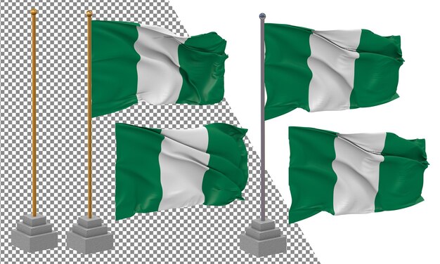 Bandera de nigeria ondeando un estilo diferente con un poste de soporte aislado renderizado en 3d