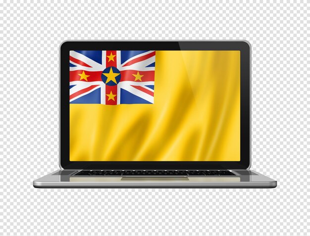 Bandera de Niue en la pantalla del portátil aislado en blanco ilustración 3D