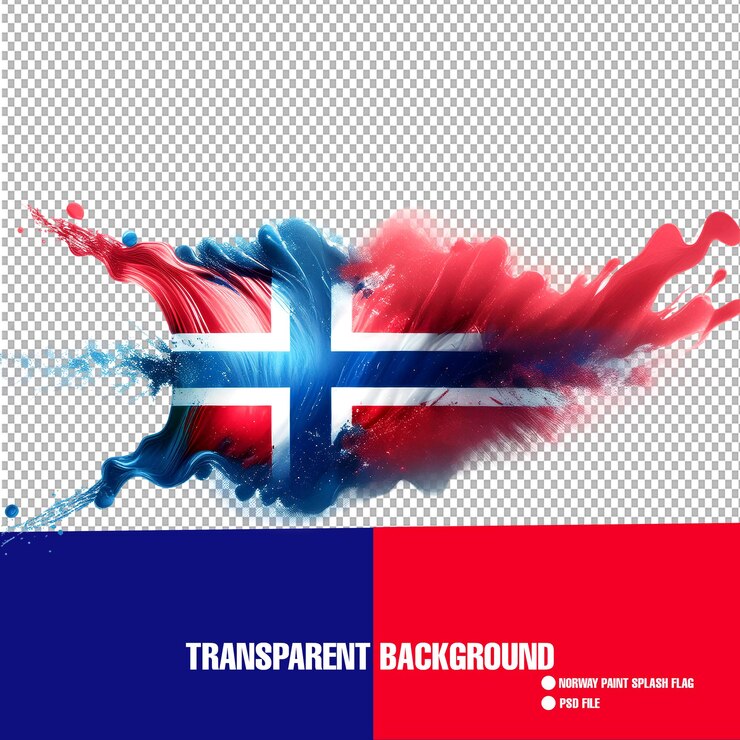 PSD bandera de noruega explosión líquida azul rojo blanco salpicaduras de pintura en fondo transparente
