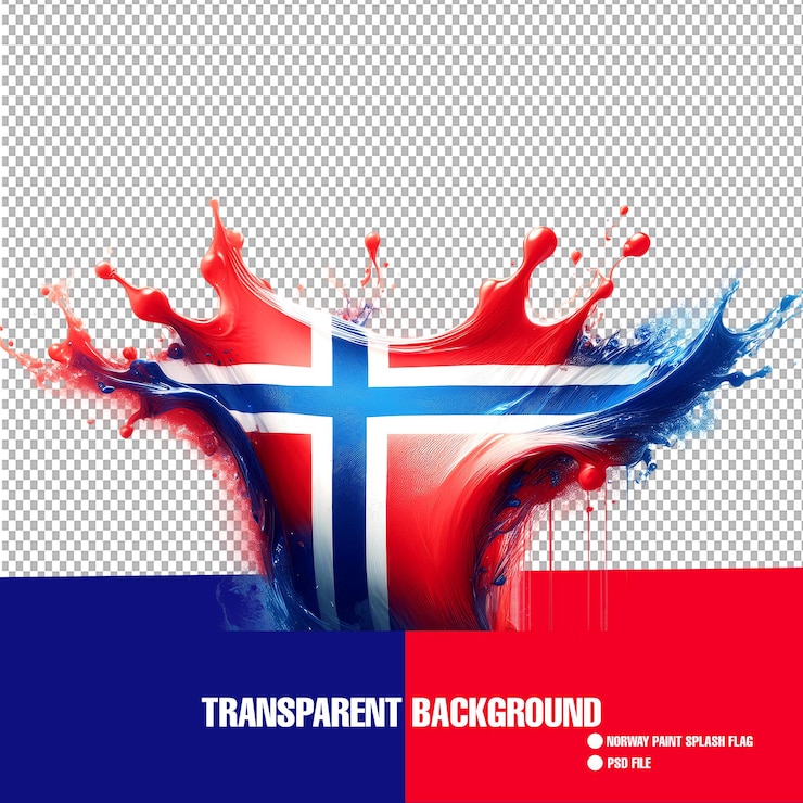 PSD bandera de noruega explosión líquida azul rojo blanco salpicaduras de pintura en fondo transparente