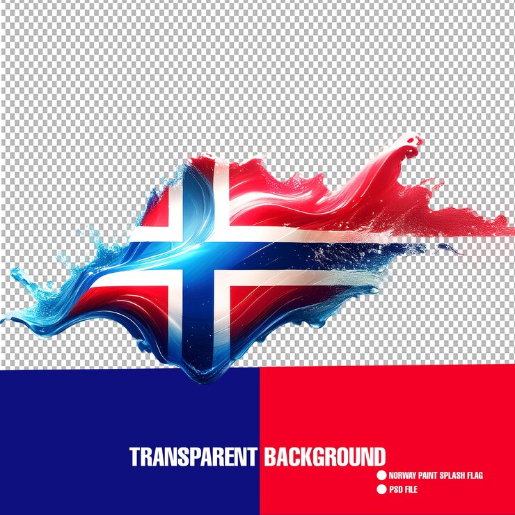 PSD bandera de noruega explosión líquida azul rojo blanco salpicaduras de pintura en fondo transparente